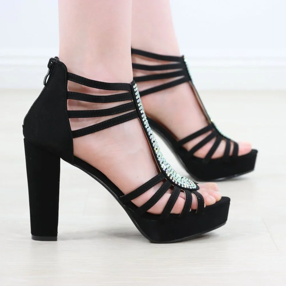 Black Rhinestone T-Strap Platform Sandals Women’s Block Heel Evening Party Shoes - Picture 12 of 15